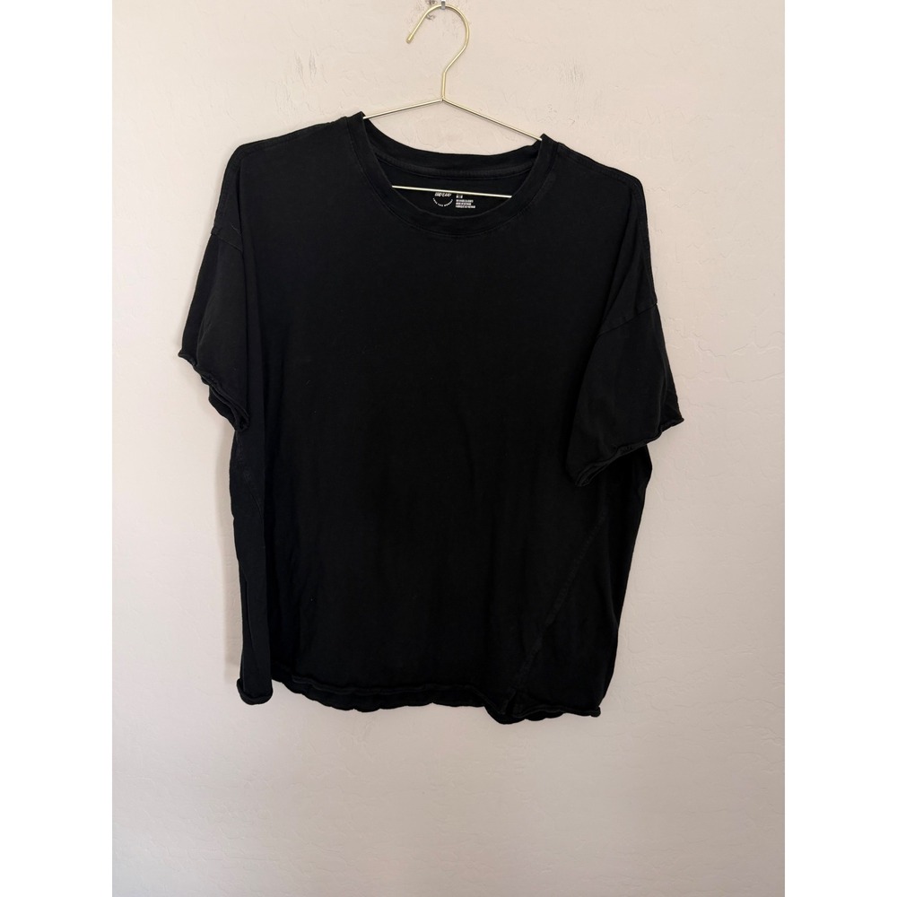 Aerie Womens Black Cotton Oversized Raw Hem Short Sleeve Crewneck Tee Medium